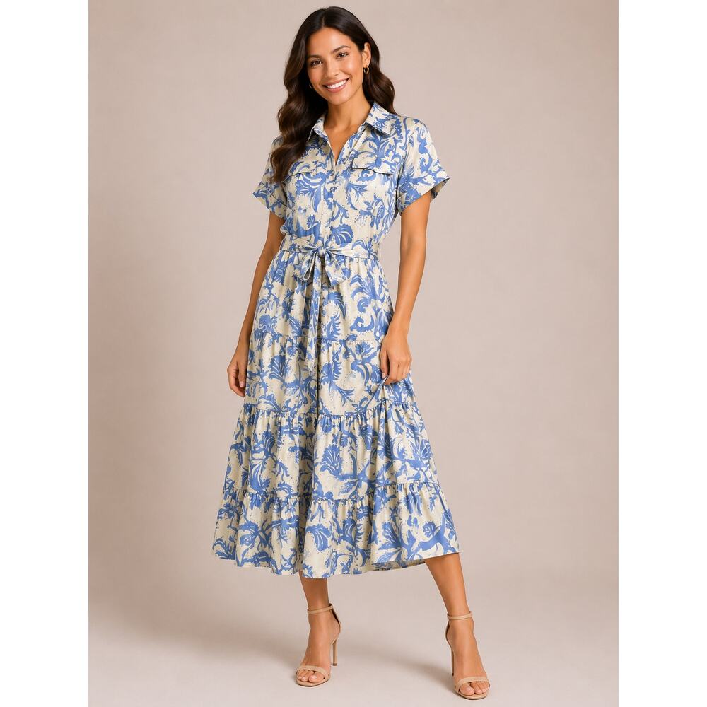 Alden Adair Womens Size L Blue Off White Floral Shirt Dress Belted Tiered Midi